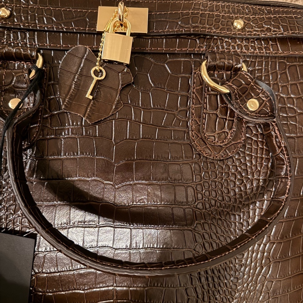 Massimo Castelli Brown Croc-Embossed Large Leather Bag - Picture 2 of 11